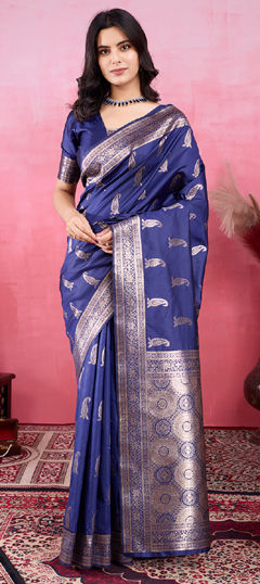 Blue color Saree in Litchi Silk, Silk fabric with Weaving work