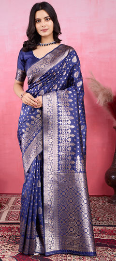 Blue color Saree in Litchi Silk, Silk fabric with Weaving work