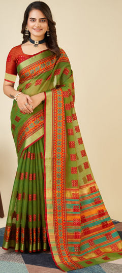 Green color Saree in Kota Doria Silk fabric with Weaving work