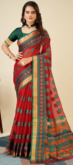 Red and Maroon color Saree in Kota Doria Silk fabric with Weaving work