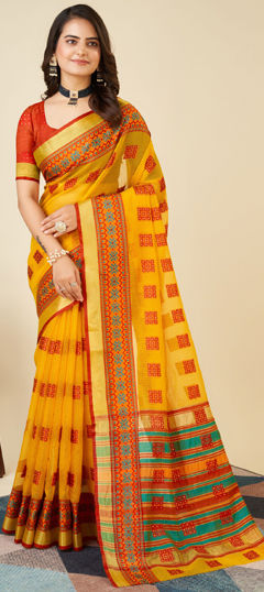 Yellow color Saree in Kota Doria Silk fabric with Weaving work