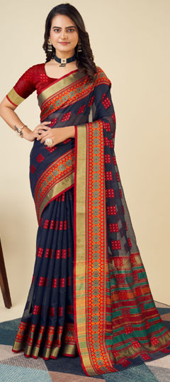 Blue color Saree in Kota Doria Silk fabric with Weaving work