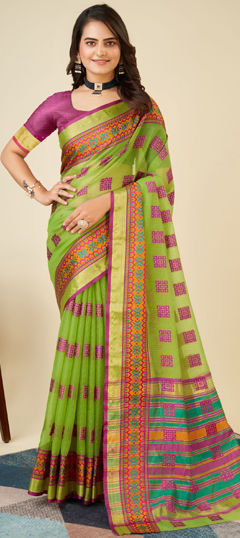 Green color Saree in Kota Doria Silk fabric with Weaving work