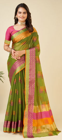 Green color Saree in Kota Doria Silk fabric with Weaving work