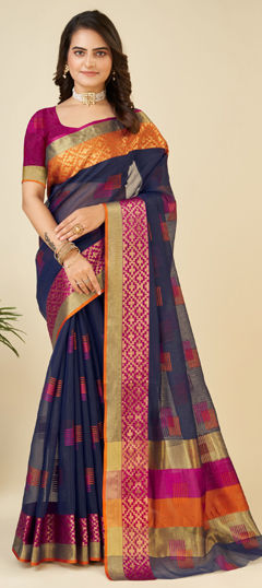 Blue color Saree in Kota Doria Silk fabric with Weaving work