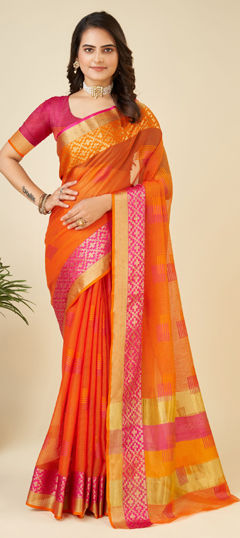 Orange color Saree in Kota Doria Silk fabric with Weaving work