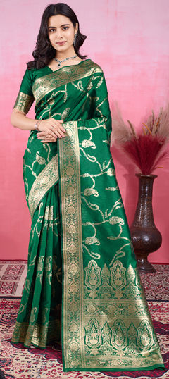 Green color Saree in Litchi Silk, Silk fabric with Weaving work