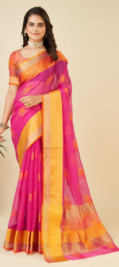 Pink and Majenta color Saree in Kota Doria Silk fabric with Weaving work