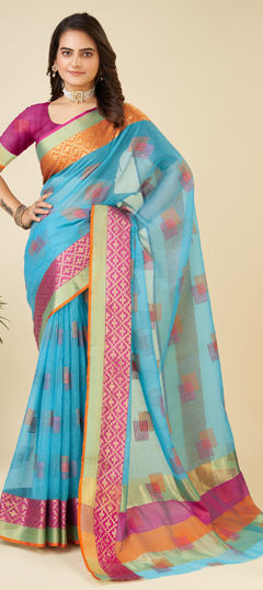 Blue color Saree in Kota Doria Silk fabric with Weaving work