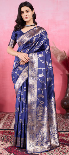 Blue color Saree in Litchi Silk, Silk fabric with Weaving work