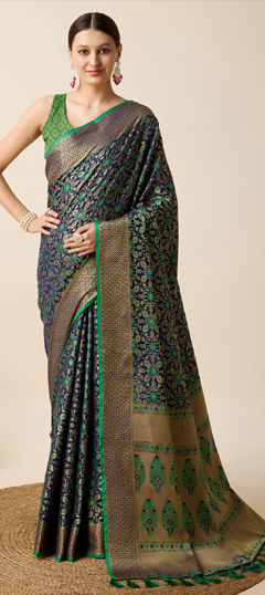 Blue, Green color Saree in Art Silk, Silk fabric with Weaving work