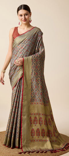 Black and Grey color Saree in Art Silk, Silk fabric with Weaving work