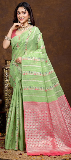 Green color Saree in Silk cotton fabric with Weaving work