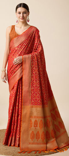 Red and Maroon color Saree in Art Silk, Silk fabric with Weaving work