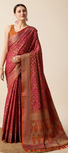 Pink and Majenta color Saree in Art Silk, Silk fabric with Weaving work