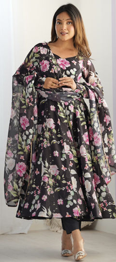 Black and Grey color Salwar Kameez in Organza Silk fabric with Floral, Printed work
