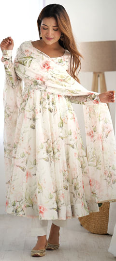 White and Off White color Salwar Kameez in Organza Silk fabric with Floral, Printed work