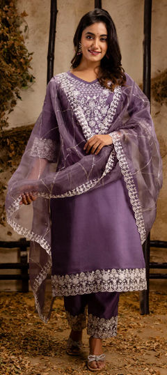 Purple and Violet color Salwar Kameez in Blended fabric with Embroidered, Resham, Thread work