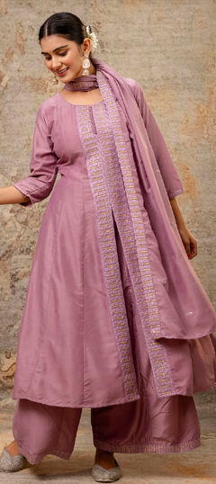 Purple and Violet color Salwar Kameez in Blended fabric with Embroidered, Resham, Thread work