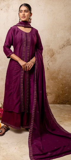 Purple and Violet color Salwar Kameez in Blended fabric with Embroidered, Resham, Thread work