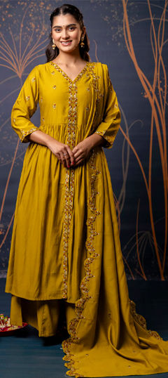 Yellow color Salwar Kameez in Blended fabric with Embroidered, Resham, Thread work