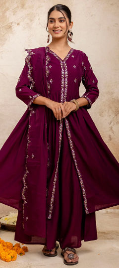 Purple and Violet color Salwar Kameez in Blended fabric with Embroidered, Resham, Thread work
