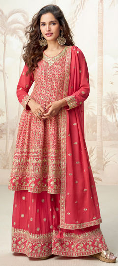 Pink and Majenta color Salwar Kameez in Georgette fabric with Embroidered, Sequence work