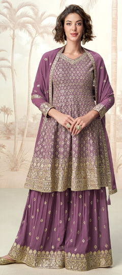 Purple and Violet color Salwar Kameez in Georgette fabric with Embroidered, Sequence work