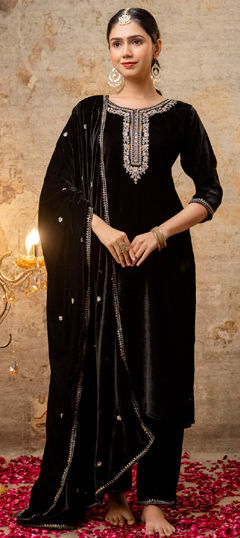 Black and Grey color Salwar Kameez in Velvet fabric with Embroidered work