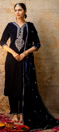 Blue color Salwar Kameez in Velvet fabric with Embroidered work