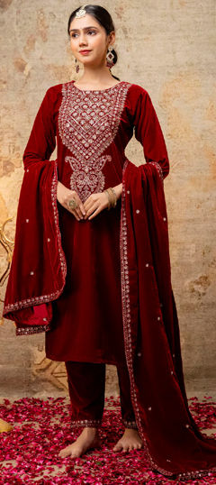Red and Maroon color Salwar Kameez in Velvet fabric with Embroidered work