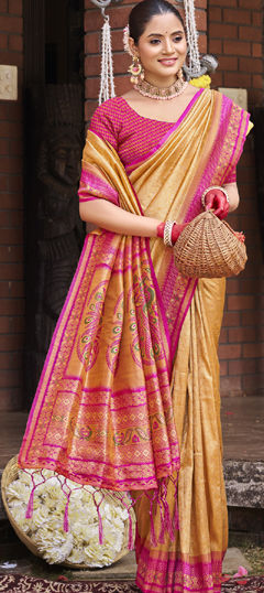 Gold color Saree in Art Silk fabric with Weaving work