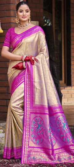 Silver color Saree in Art Silk fabric with Weaving work