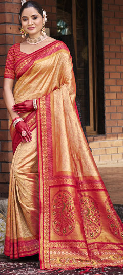 Gold, Red and Maroon color Saree in Art Silk fabric with Weaving work