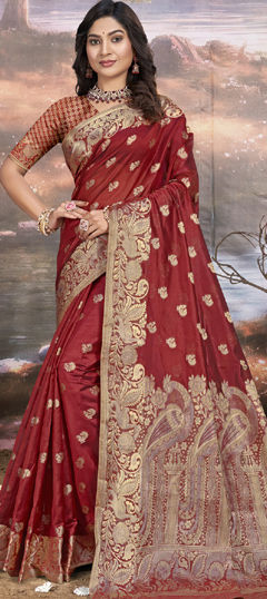 Red and Maroon color Saree in Art Silk fabric with Weaving work