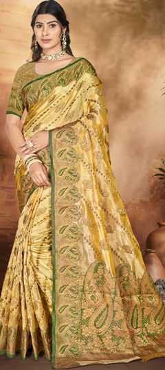 Gold color Saree in Organza Silk fabric with Weaving work