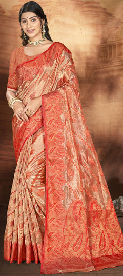 Red and Maroon color Saree in Organza Silk fabric with Weaving work