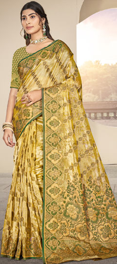 Green color Saree in Organza Silk fabric with Weaving work