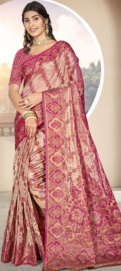 Pink and Majenta color Saree in Organza Silk fabric with Weaving work