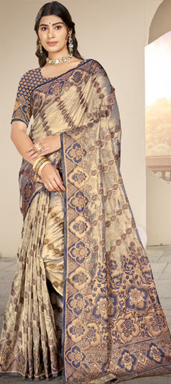 Beige and Brown color Saree in Organza Silk fabric with Weaving work