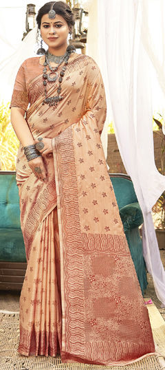 Orange color Saree in Art Silk fabric with Weaving work
