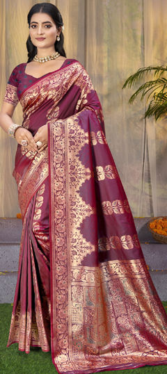 Red and Maroon color Saree in Art Silk fabric with Weaving work