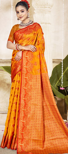 Orange color Saree in Art Silk fabric with Weaving work