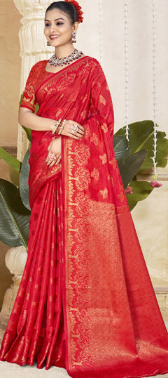 Red and Maroon color Saree in Art Silk fabric with Weaving work