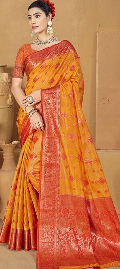 Orange color Saree in Art Silk fabric with Weaving work