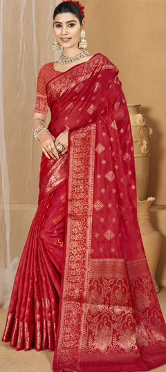 Red and Maroon color Saree in Art Silk fabric with Weaving work