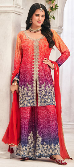 Multicolor color Salwar Kameez in Silk fabric with Bandhej, Embroidered, Printed, Stone, Zari work