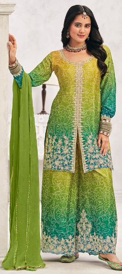 Green, Yellow color Salwar Kameez in Silk fabric with Bandhej, Embroidered, Printed, Stone, Zari work