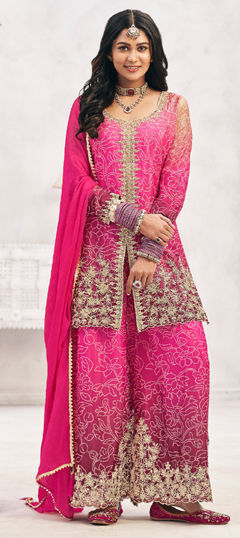 Pink and Majenta color Salwar Kameez in Silk fabric with Bandhej, Embroidered, Printed, Stone, Zari work