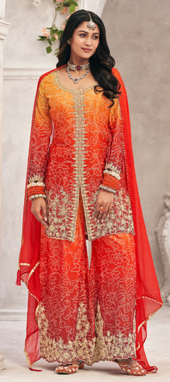 Orange, Yellow color Salwar Kameez in Silk fabric with Bandhej, Embroidered, Printed, Stone, Zari work